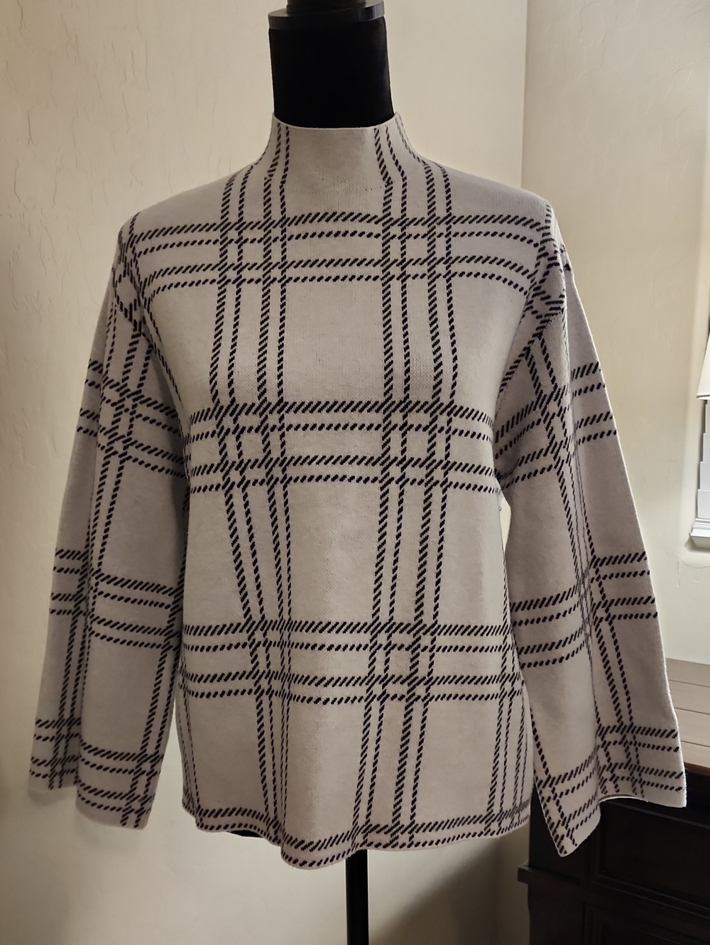 Marc New York Light Gray & Black Plaid Mock Neck Sweater